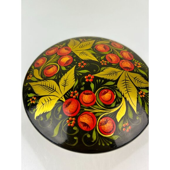 Russian Black Lacquer Round Powder Trinket Box Gold Hand Painted Vanity VTG READ - Picture 3 of 16